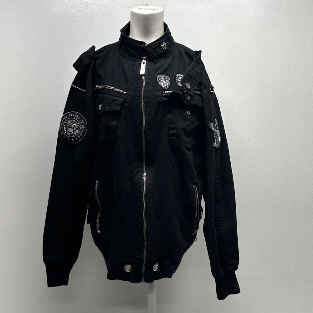 Basic Code Jacket Military Bomber Coat Cotton Full Zip Patches Black Mens Larfe
